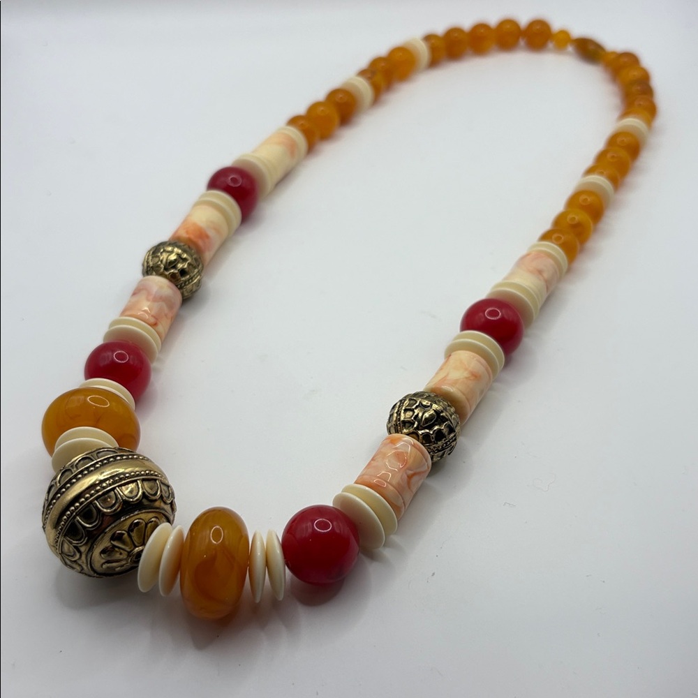 Chunky Beaded Necklace Boho Style 70’s Amber Glass & Lucite Beads 24”